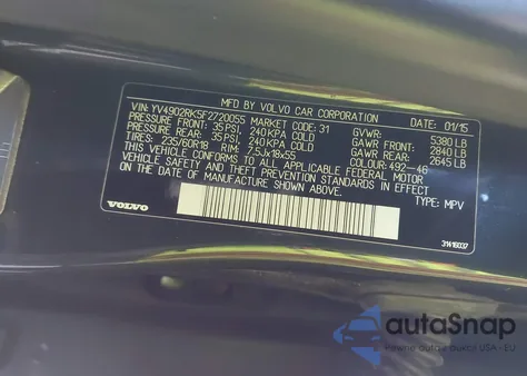 2015 Volvo Xc60 T6 z USA, uszkodzony, nr VIN YV4902RK5F2720055